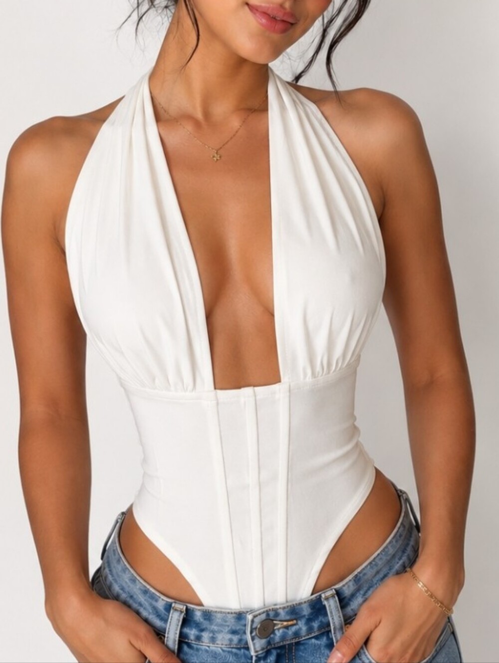White Halter Corset-Style Bodysuit